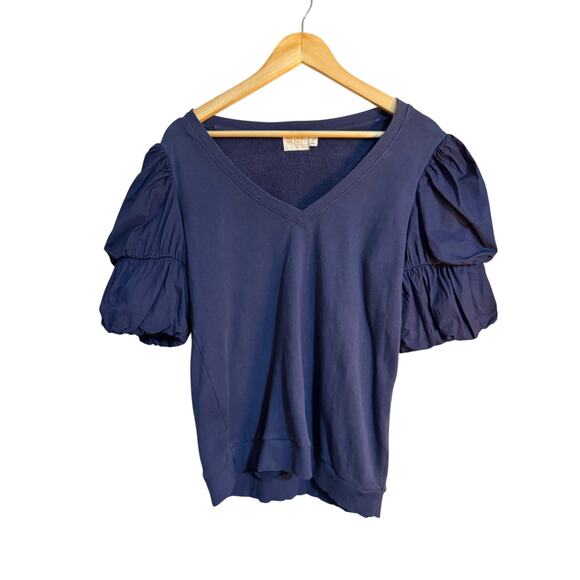 Nation Teddi Blue V Neck Sweatshirt Poplin Tiered Puff Sleeve Top M - Picture 2 of 8